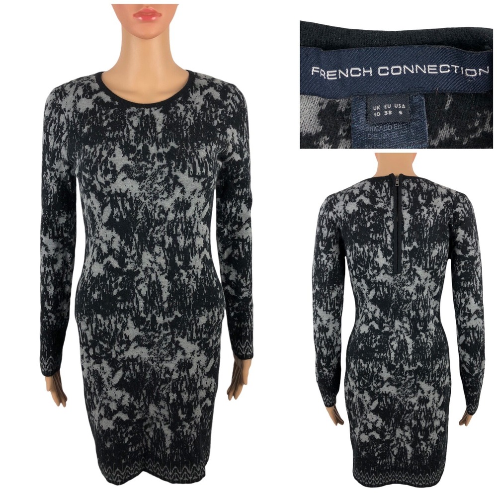 FRENCH CONNECTION Womens 6 Dress Black Gray Marble Angora Blend Bodycon EUC